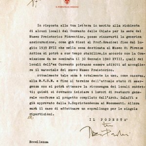 Lettera del Podestà di Firenze con impegno ad assegnare i locali al Museo di Preistoria (marzo 1942)